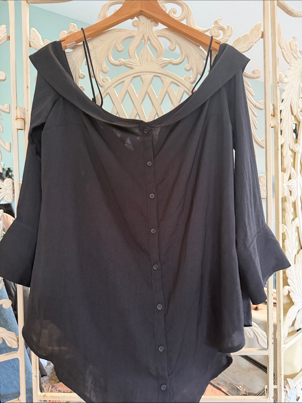 Free People Black Off-the-Shoulder Button-Down Top